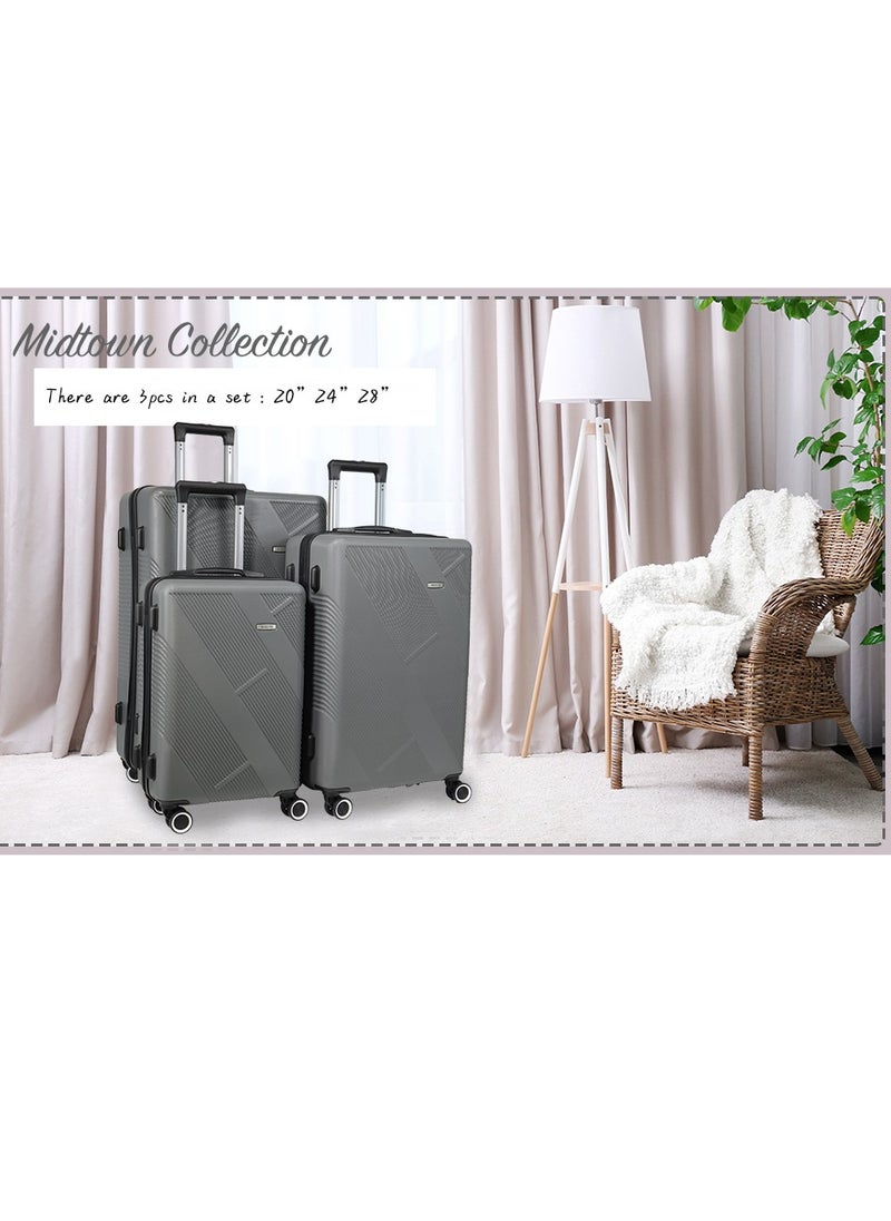 Miazib 3-Piece Hard Shell Luggage Set - Ultra Durable, Lightweight, Stylish Grey Suitcases with TSA Lock, 360° Spinner Wheels, and Expandable Design for Versatile Travel Needs