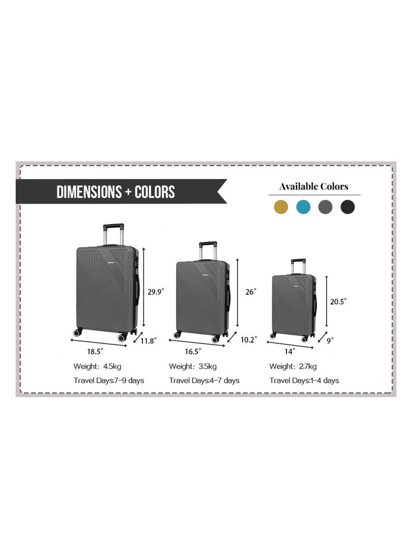 Miazib 3-Piece Hard Shell Luggage Set - Ultra Durable, Lightweight, Stylish Grey Suitcases with TSA Lock, 360° Spinner Wheels, and Expandable Design for Versatile Travel Needs