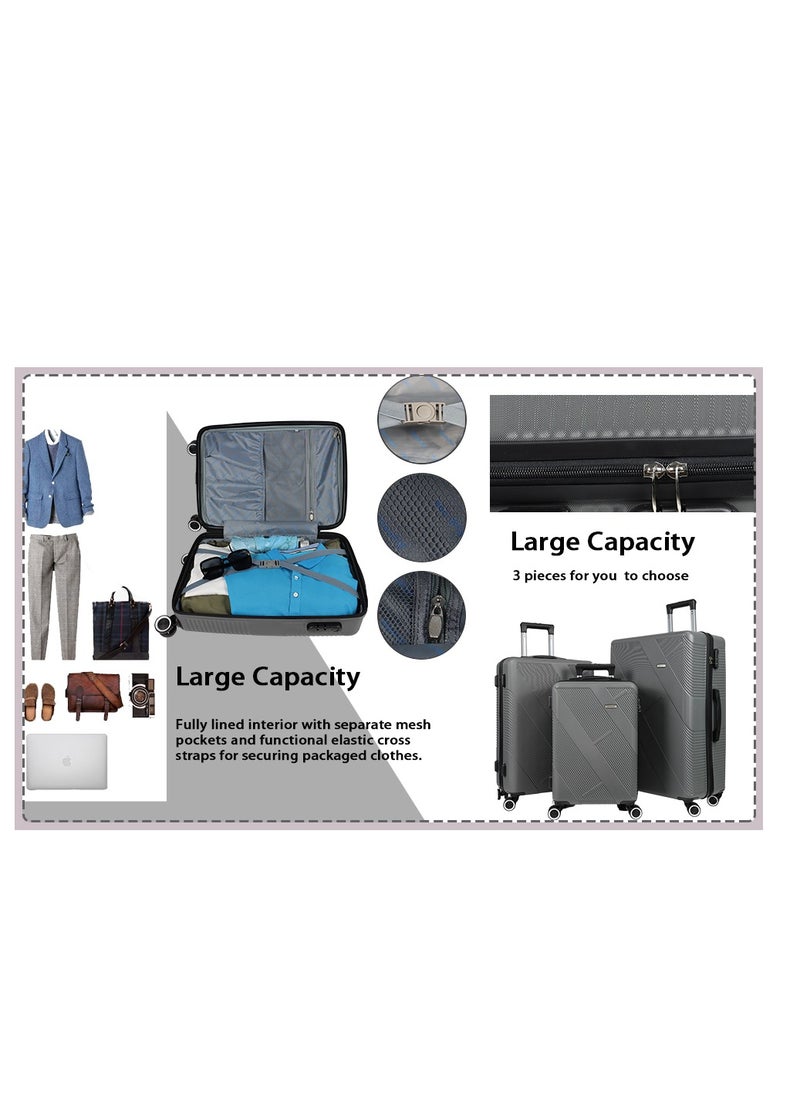 Miazib 3-Piece Hard Shell Luggage Set - Ultra Durable, Lightweight, Stylish Grey Suitcases with TSA Lock, 360° Spinner Wheels, and Expandable Design for Versatile Travel Needs