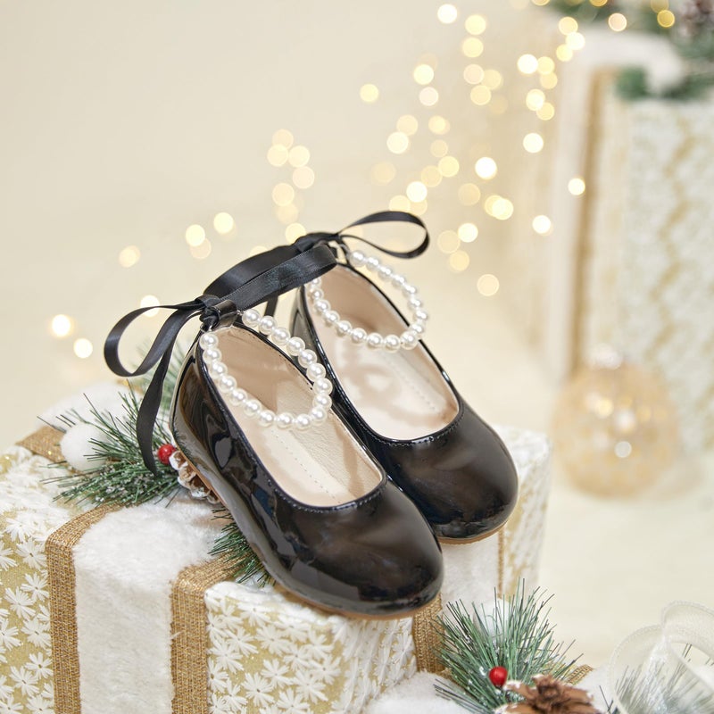 PHIRAMIN Toddler Flower Girl Patent Black Dress Shoes - Little Girl Ballet Flats Size 10 Pearl Wedding Party - Image 2