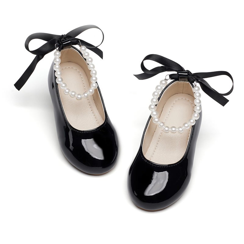 PHIRAMIN Toddler Flower Girl Patent Black Dress Shoes - Little Girl Ballet Flats Size 10 Pearl Wedding Party - Image 1