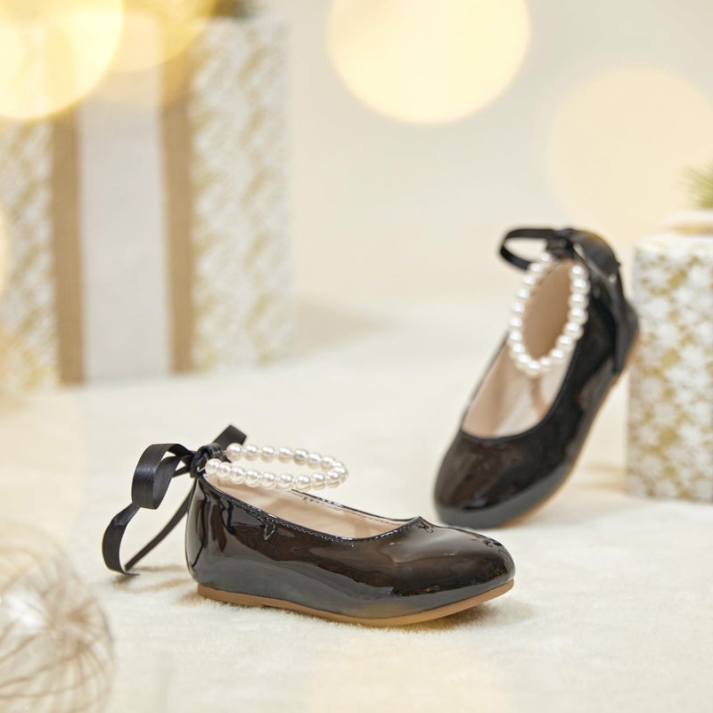 PHIRAMIN Toddler Flower Girl Patent Black Dress Shoes - Little Girl Ballet Flats Size 10 Pearl Wedding Party - Image 3