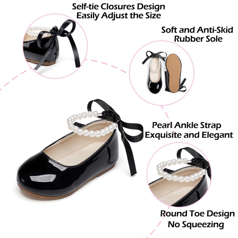 PHIRAMIN Toddler Flower Girl Patent Black Dress Shoes - Little Girl Ballet Flats Size 10 Pearl Wedding Party - Image 5