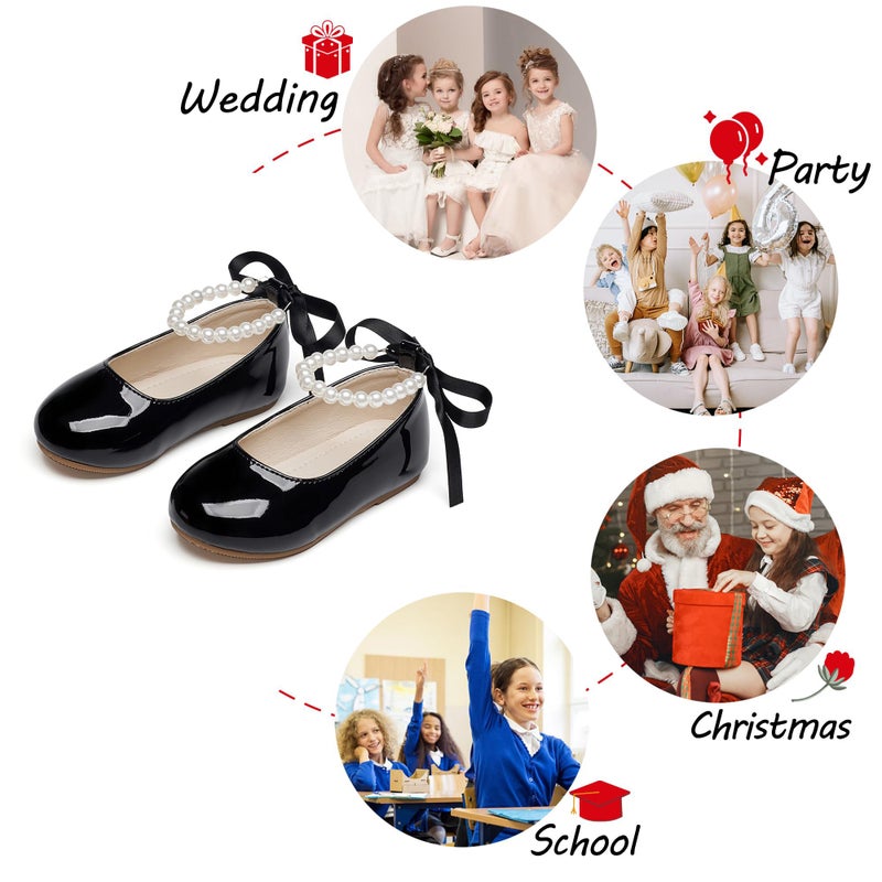 PHIRAMIN Toddler Flower Girl Patent Black Dress Shoes - Little Girl Ballet Flats Size 10 Pearl Wedding Party - Image 4