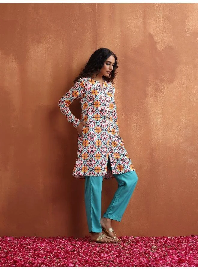 trueBrowns Off White Print Kurta Co-ord Set