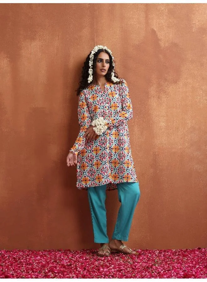 trueBrowns Off White Print Kurta Co-ord Set