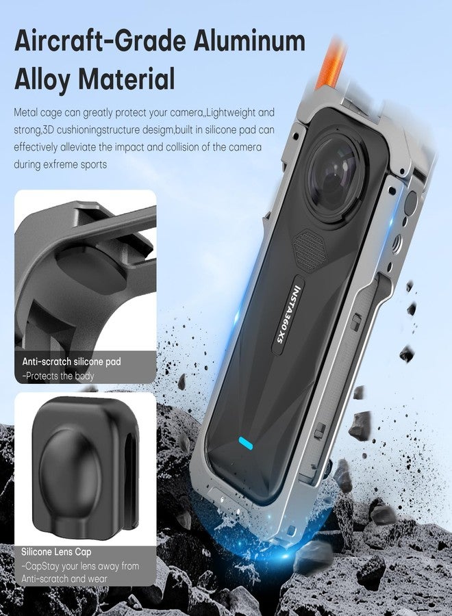 REYGEAK for Insta360 X5 Utility Frame,Aluminum Camera Cage for Insta360 X5,Protective Case with Silicone Lens Cover,Protective Case with 1/4 Thread Folding Fingers for Inst 360 Accessories - Image 2