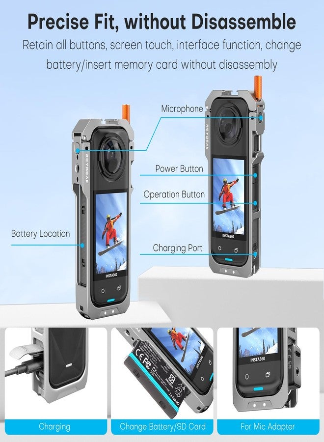 REYGEAK for Insta360 X5 Utility Frame,Aluminum Camera Cage for Insta360 X5,Protective Case with Silicone Lens Cover,Protective Case with 1/4 Thread Folding Fingers for Inst 360 Accessories - Image 5