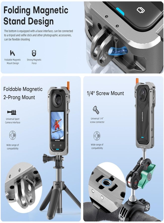 REYGEAK for Insta360 X5 Utility Frame,Aluminum Camera Cage for Insta360 X5,Protective Case with Silicone Lens Cover,Protective Case with 1/4 Thread Folding Fingers for Inst 360 Accessories - Image 3