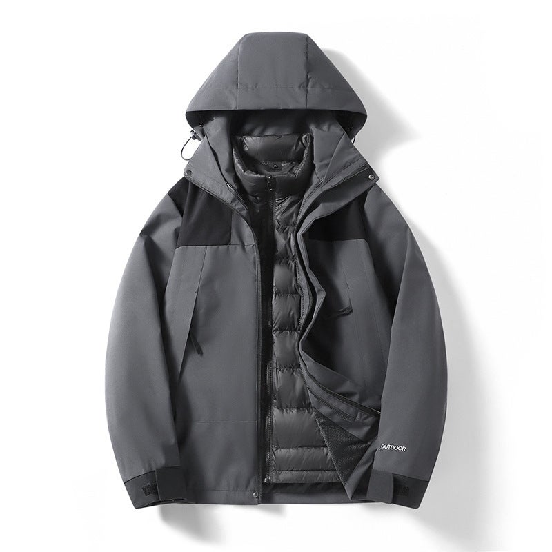 Outdoor Color-Blocked Down Three-In-One Jacket With Removable Hood, Waterproof And Windproof Jacket, Youth Couple Mountaineering Jacket - Image 5