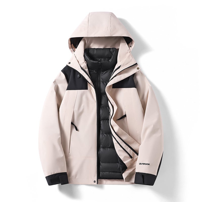 Outdoor Color-Blocked Down Three-In-One Jacket With Removable Hood, Waterproof And Windproof Jacket, Youth Couple Mountaineering Jacket - Image 1