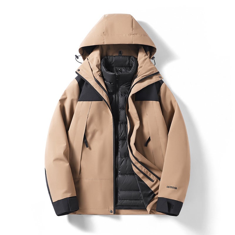 Outdoor Color-Blocked Down Three-In-One Jacket With Removable Hood, Waterproof And Windproof Jacket, Youth Couple Mountaineering Jacket - Image 4