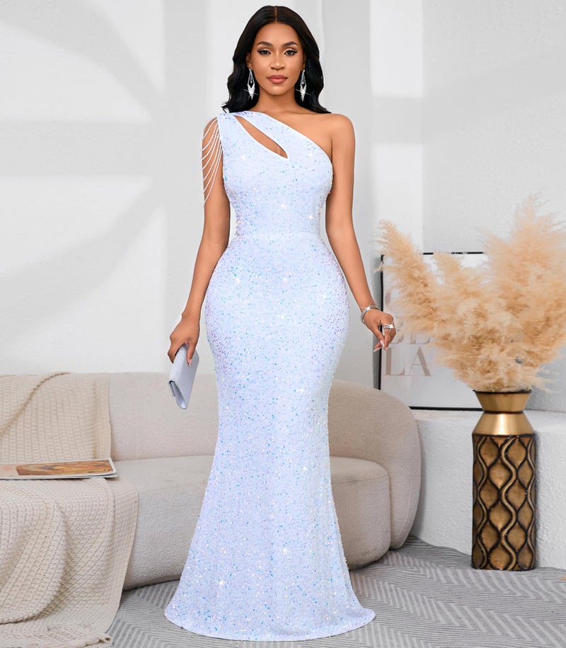 Cololura Women Sequin Elegant Sexy One Shoulder Tassel Mermaid Bodycon Cocktail Evening Dress White - Image 2