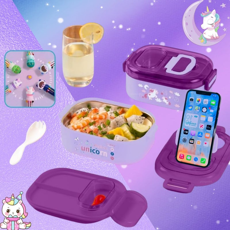 PLUSPOINT Unicorn Stainless Steel Cute Cartoon Lunch Box for Kids Microwave Safe Insulated Tiffin Box Tableware Set Portable Containers Tiffin Box for School Boys, Girls (Unicron-Purple) 700 ML - Image 5
