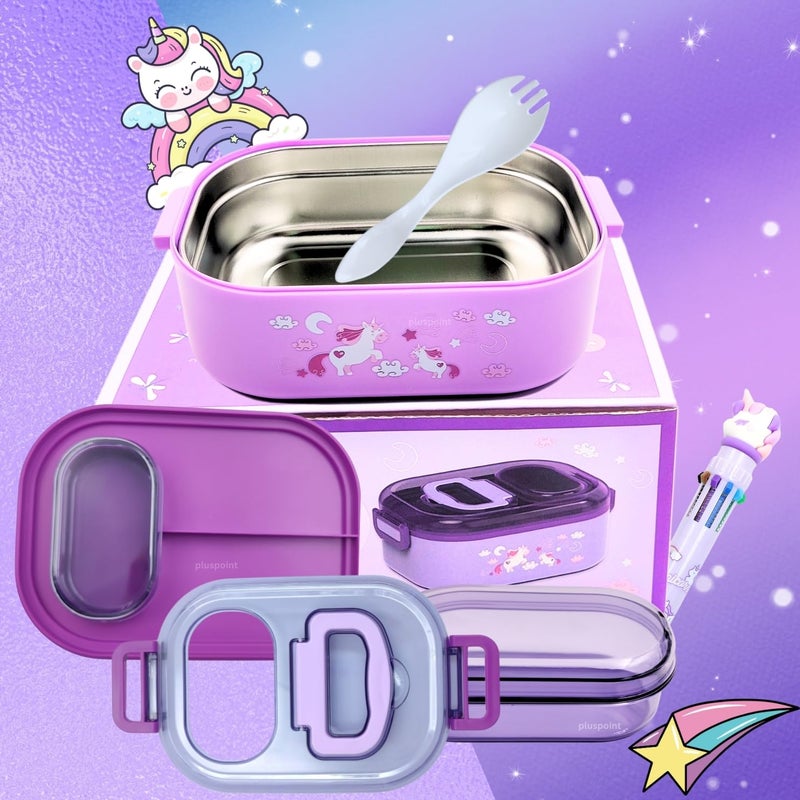 PLUSPOINT Unicorn Stainless Steel Cute Cartoon Lunch Box for Kids Microwave Safe Insulated Tiffin Box Tableware Set Portable Containers Tiffin Box for School Boys, Girls (Unicron-Purple) 700 ML - Image 3