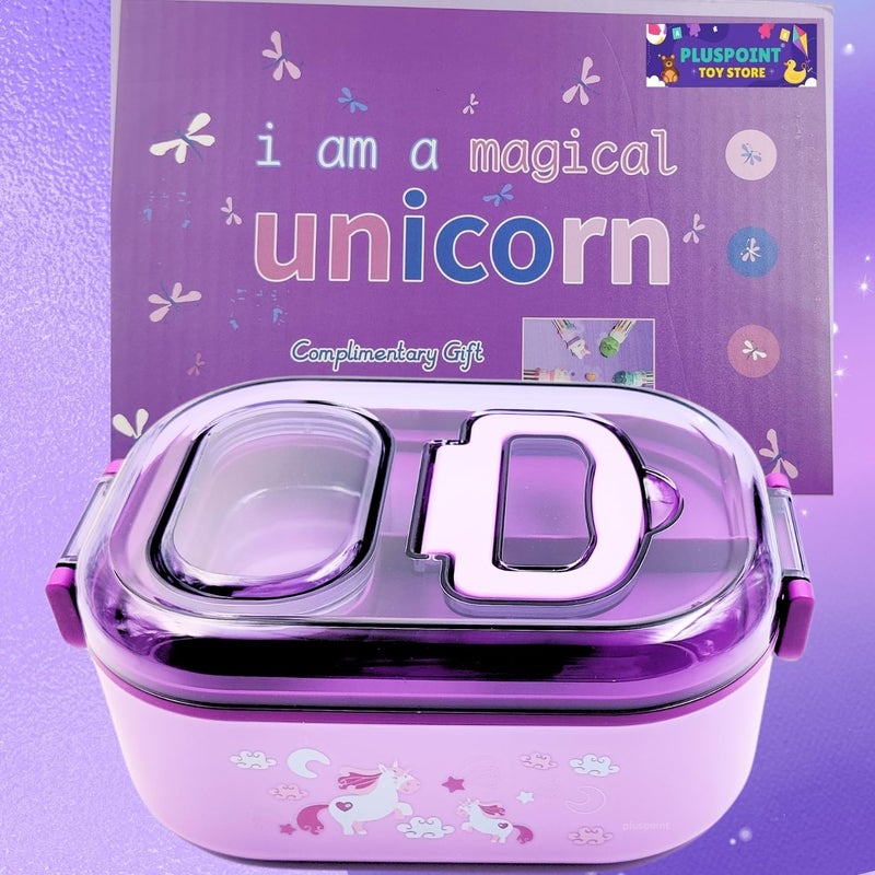 PLUSPOINT Unicorn Stainless Steel Cute Cartoon Lunch Box for Kids Microwave Safe Insulated Tiffin Box Tableware Set Portable Containers Tiffin Box for School Boys, Girls (Unicron-Purple) 700 ML - Image 2