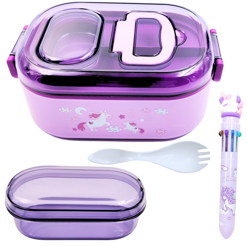 PLUSPOINT Unicorn Stainless Steel Cute Cartoon Lunch Box for Kids Microwave Safe Insulated Tiffin Box Tableware Set Portable Containers Tiffin Box for School Boys, Girls (Unicron-Purple) 700 ML - Image 1