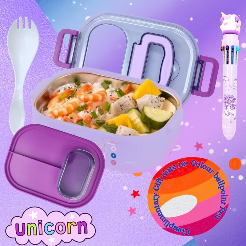 PLUSPOINT Unicorn Stainless Steel Cute Cartoon Lunch Box for Kids Microwave Safe Insulated Tiffin Box Tableware Set Portable Containers Tiffin Box for School Boys, Girls (Unicron-Purple) 700 ML - Image 4