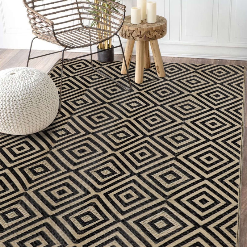 Ridota Ridota Reversible Mats Outdoor Patio Rugs Plastic Straw Rug Modern Area Rug Floor Mat for Outdoors RV Patio Backyard Deck Picnic Beach Trailer Camping Diamond Black  Beige 5 x 8 