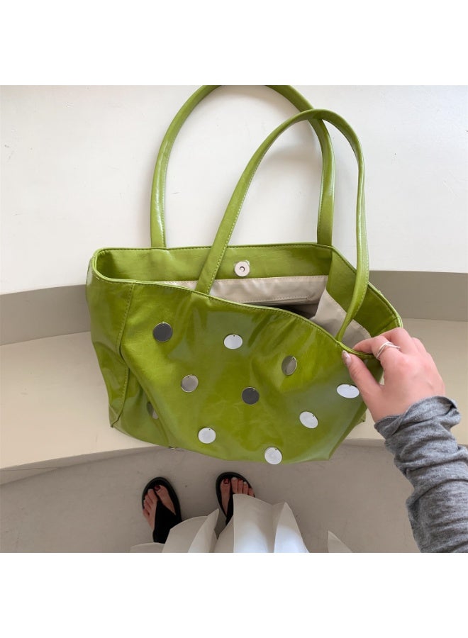 Black Soft PU Leather Large Capacity Tote Bag for Women, Metal Disc Embellished Shoulder Handbag - Image 1