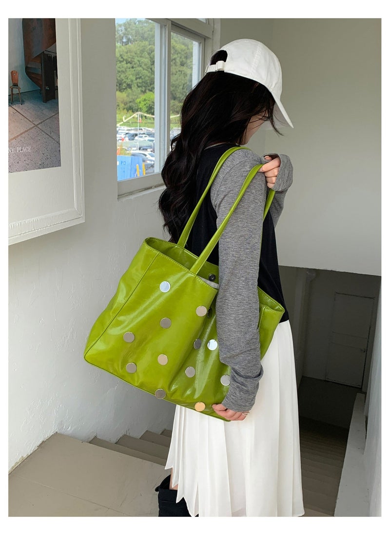 Black Soft PU Leather Large Capacity Tote Bag for Women, Metal Disc Embellished Shoulder Handbag - Image 5