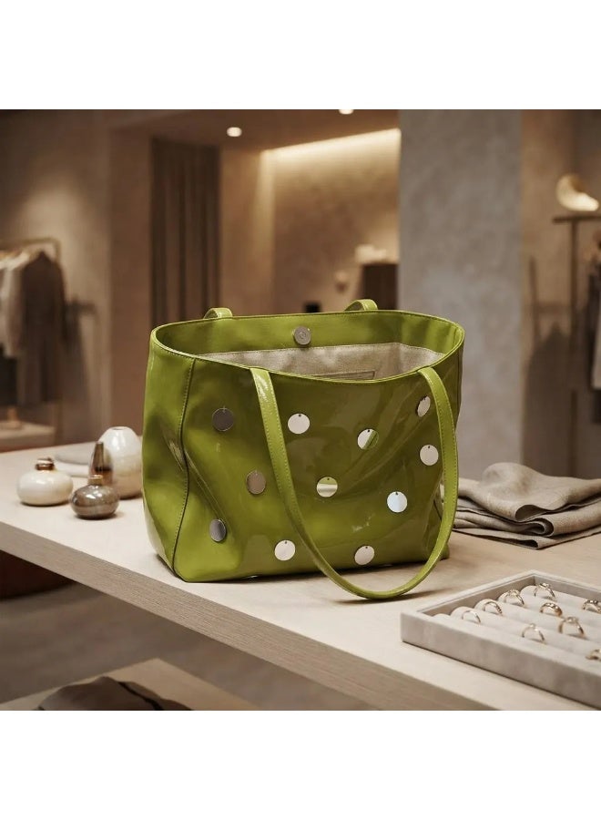 Black Soft PU Leather Large Capacity Tote Bag for Women, Metal Disc Embellished Shoulder Handbag - Image 3