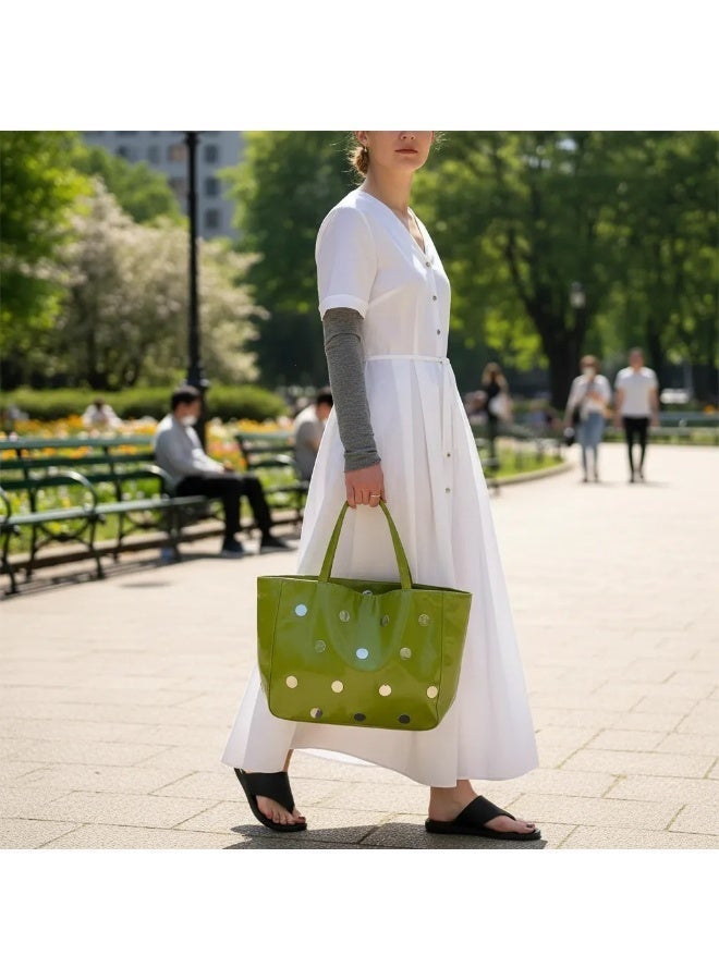 Black Soft PU Leather Large Capacity Tote Bag for Women, Metal Disc Embellished Shoulder Handbag - Image 4