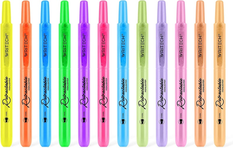 WRITECH Retractable Highlighters Assorted Colors: Chisel Tip Click Aesthetic Highlighter Marker Pens Pack Multi Colored Ink No Bleed Smear for Highlighting Journaling (12ct Neon+Pastel) - Image 1