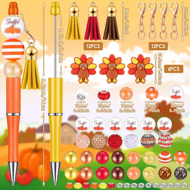 Jutom أقلام جوتوم القابلة للتزيين 12 قطعة لعيد الشكر مع 50 خرزة ملونة و12 خيوط و12 قلادة بألوان متنوعة مجموعة أقلام للتزيين لصنع الأقلام لموسم الخريف هدايا مكتبية - Image 3