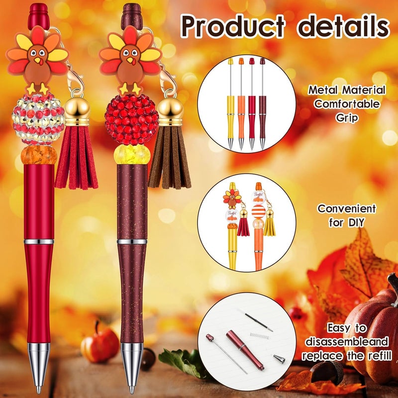 Jutom أقلام جوتوم القابلة للتزيين 12 قطعة لعيد الشكر مع 50 خرزة ملونة و12 خيوط و12 قلادة بألوان متنوعة مجموعة أقلام للتزيين لصنع الأقلام لموسم الخريف هدايا مكتبية - Image 4