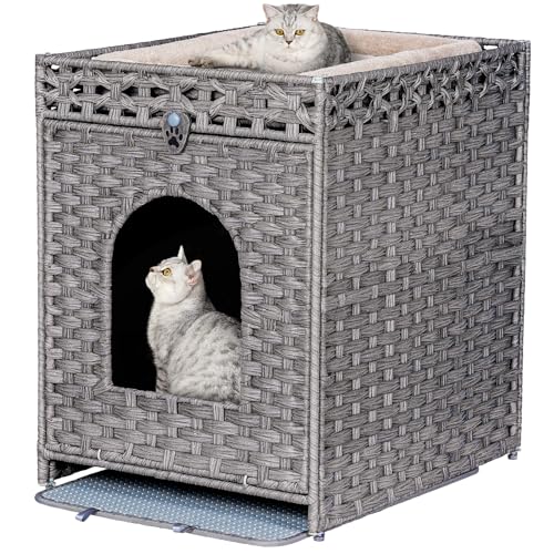 Snughome Cat Litter Box Enclosure Furniture Hidden with Cat Litter Mat, Hidden Cat Washroom Furniture with Door, Handwoven Rattan Cat Washroom Box, Indoor Pet House for Living Room, Bedroom(Grey) - Image 1