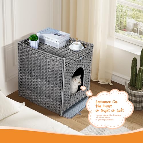 Snughome Cat Litter Box Enclosure Furniture Hidden with Cat Litter Mat, Hidden Cat Washroom Furniture with Door, Handwoven Rattan Cat Washroom Box, Indoor Pet House for Living Room, Bedroom(Grey) - Image 3
