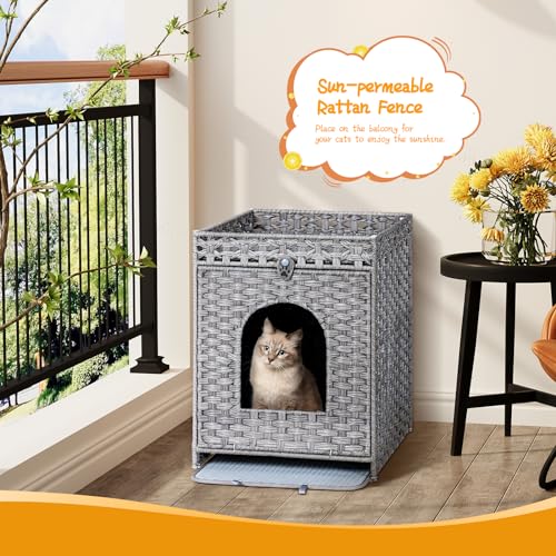 Snughome Cat Litter Box Enclosure Furniture Hidden with Cat Litter Mat, Hidden Cat Washroom Furniture with Door, Handwoven Rattan Cat Washroom Box, Indoor Pet House for Living Room, Bedroom(Grey) - Image 4