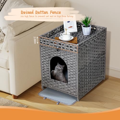 Snughome Cat Litter Box Enclosure Furniture Hidden with Cat Litter Mat, Hidden Cat Washroom Furniture with Door, Handwoven Rattan Cat Washroom Box, Indoor Pet House for Living Room, Bedroom(Grey) - Image 2