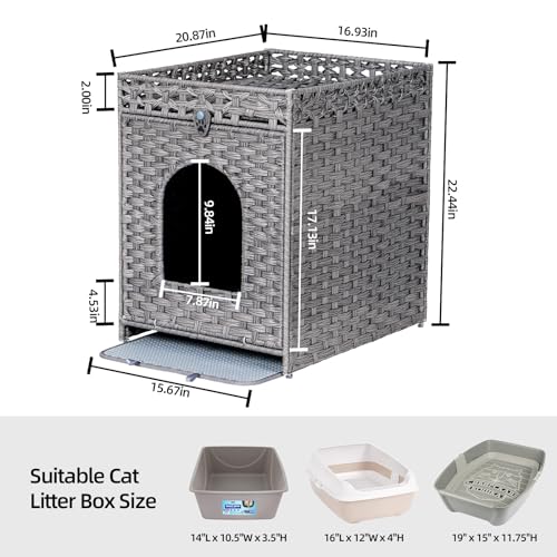 Snughome Cat Litter Box Enclosure Furniture Hidden with Cat Litter Mat, Hidden Cat Washroom Furniture with Door, Handwoven Rattan Cat Washroom Box, Indoor Pet House for Living Room, Bedroom(Grey) - Image 5