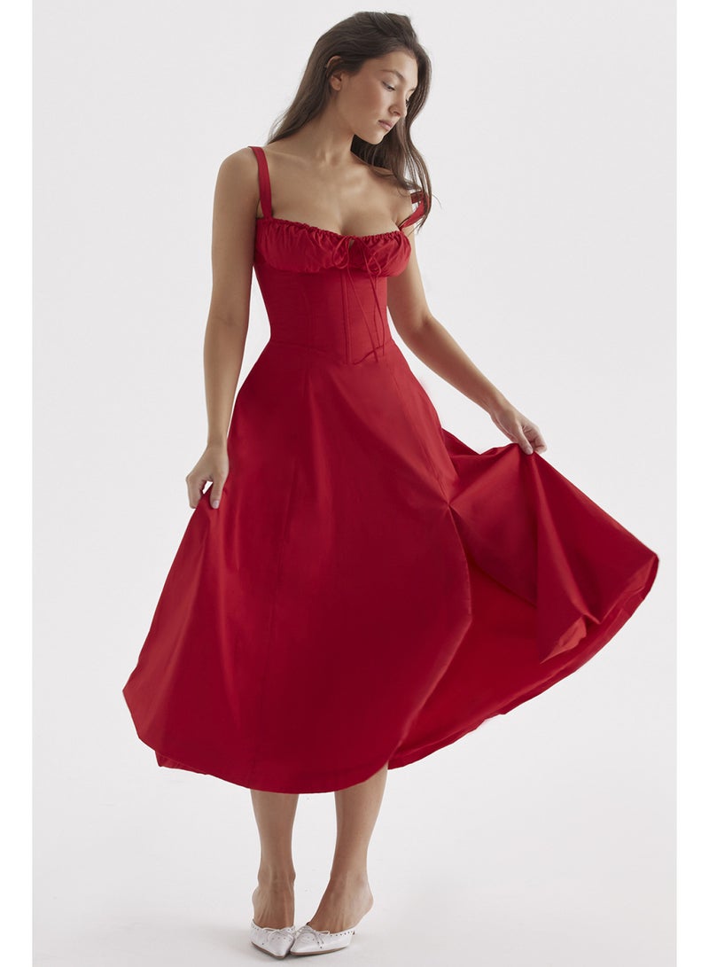 SCACTO Floral Print Bustier Top Lace Up Split Midi Dress 