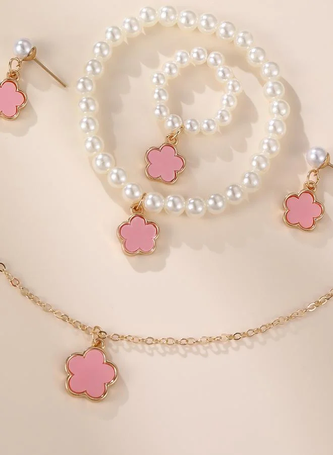 Girls Light Pink Flower Charm Necklace, Bracelet, Ring and Earrings Set
