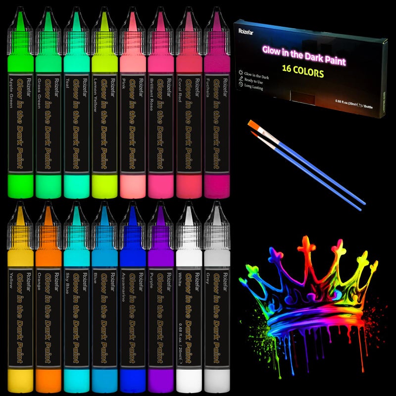 Roizefar Glow in the Dark Paint 16 Colors 20 ml 068 oz 3D Permanent Acrylic Fabric Paints for Clothes Neon Fabric Paint for Art Painting and Crafts