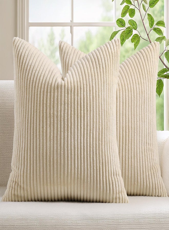 Mecatny Corduroy Decorative Throw Pillow Covers 18x18 Set of 2 for Sofa Living Room, Soft Neutral Boho Couch Pillow Covers for Home Decor, Beige - Image 1