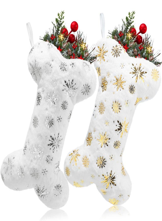 Hungdao 2 Pcs Pet Dog Christmas Stockings Silver Golden Snowflake Sequin Dog Christmas Stockings Plush Dog Bone Hanging Decor for Pets Dogs Xmas Holiday Season Party Decor(Gold, Silver) - Image 1