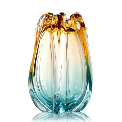 YACSNBF Hand Blown Glass Flower vases, Unique Glass vases, Wide Mouth vases, Small Modern Art Deco Glass vases for Home Living Room, Office, Table centerpieces, Bookshelves and Wedding Decorations - Image 1