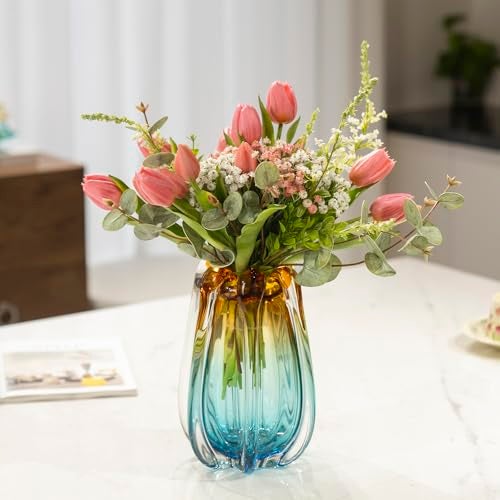 YACSNBF Hand Blown Glass Flower vases, Unique Glass vases, Wide Mouth vases, Small Modern Art Deco Glass vases for Home Living Room, Office, Table centerpieces, Bookshelves and Wedding Decorations - Image 2
