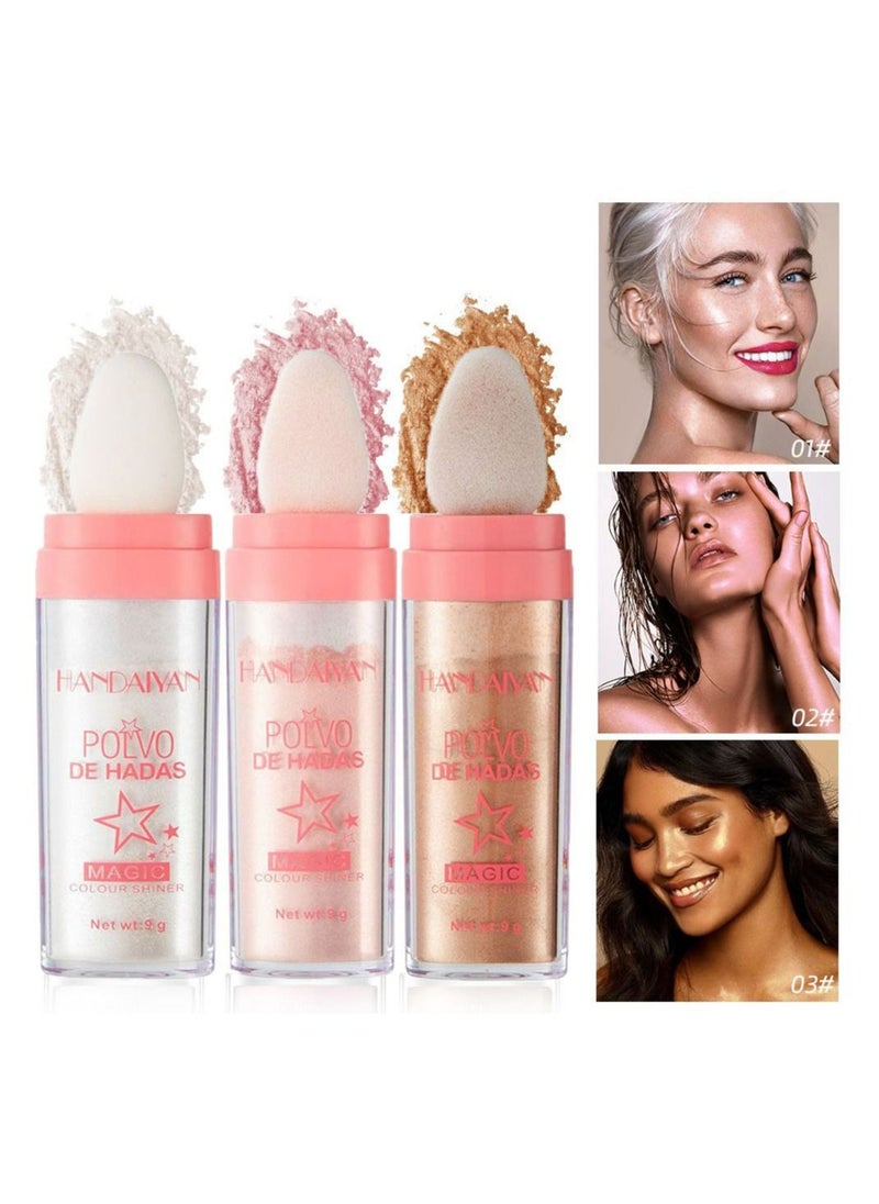 Handaiyan Body Shimmer Powder Polvo De Hadas 3 Pcs Fairy Highlighter Glitter Natural Pigment Shiner Stick Loose Oil Glow Body Brighten Dust with Puff Makeup Three-Dimensional Face,Eyeshadow,Eye,Hair,Body,Hair  - Image 1