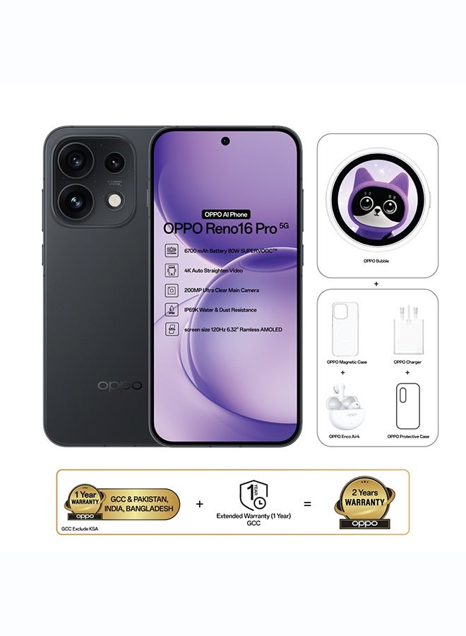 أوبو Reno16 Pro AI Phone Dual SIM 5G Staright Black 12GB RAM 512GB With OPPO Bubble + OPPO Enco Air4 + OPPO Magnetic Case - Middle East Version - Image 1