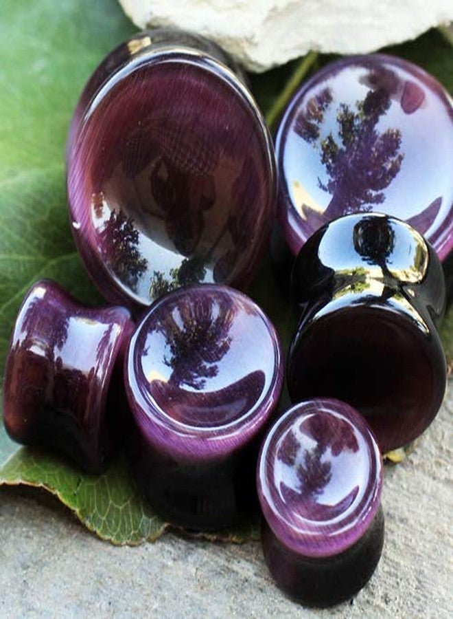 Pierced Owl Natural Purple Cat's Eye Concave Stone Saddle Plugs, Sold as a Pair (25mm (1")) - Image 2