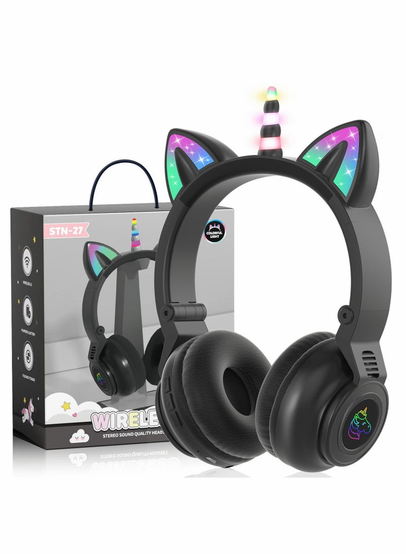 SYOSI Unicorn Headphones, Bluetooth Foldable Headphones Stereo with Microphone and Volume Control Light Up for PC/Cell Phones/TV/iPad, Boys Girls Kids (Black) - Image 1