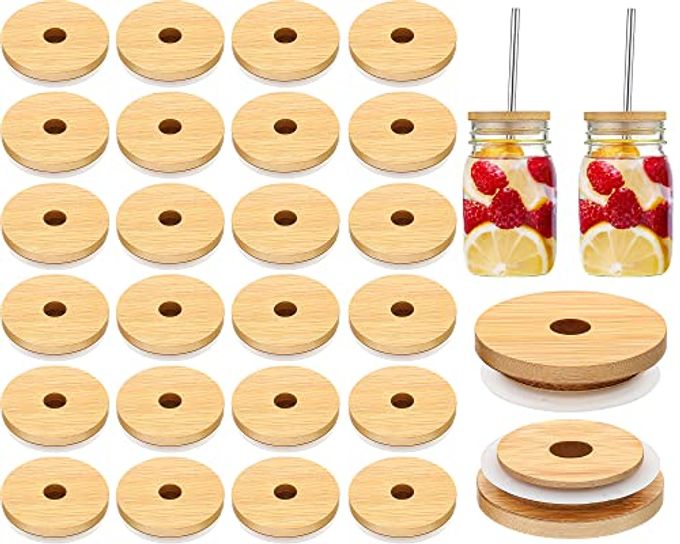 30 PIECES 70MM BAMBOO JAR LIDS BULK WITH STRAW HOLE FOR GLASS CUPS REUSABLE MASON 276 INCH WOODEN LIDS WITH SILICONE RING FOR BEER CAN CUPS REGULAR MOUTH DRINKING JARS