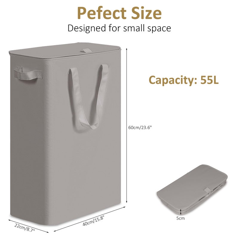 efluky Slim Laundry Basket with Lid, Narrow Laundry Hamper with Handles, Collapsible Dirty Clothes Hamper, Tall Laundry Bin for Laundry Room, Dorm and Bedroom, 55L Grey - Image 2