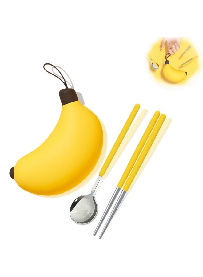 CMGTYYD. طقم عيدان طعام على شكل موزة، طقم أدوات مائدة من الفولاذ المقاوم للصدأ، طقم عيدان طعام وملاعق من الفولاذ المقاوم للصدأ مع حقيبة سفر، طقم ملاعق وعيدان طعام محمولة قابلة للطي، مناسب للمنزل، والتخييم، والعمل، والسفر. - Image 1