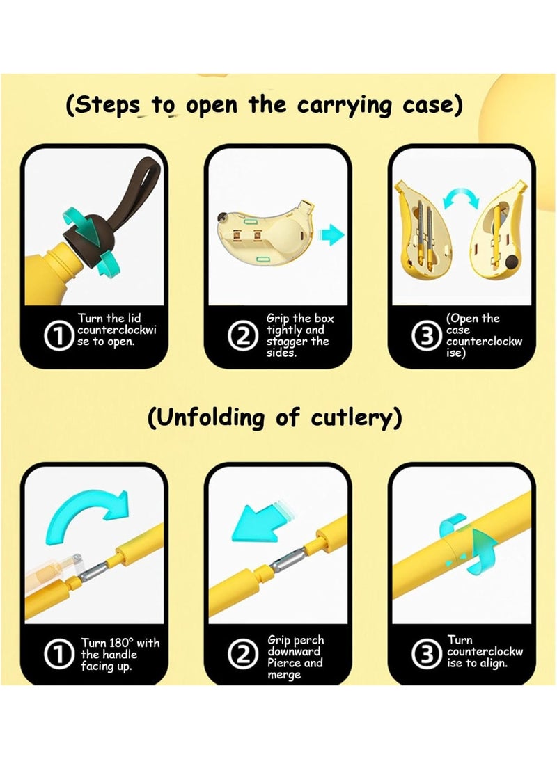 CMGTYYD. طقم عيدان طعام على شكل موزة، طقم أدوات مائدة من الفولاذ المقاوم للصدأ، طقم عيدان طعام وملاعق من الفولاذ المقاوم للصدأ مع حقيبة سفر، طقم ملاعق وعيدان طعام محمولة قابلة للطي، مناسب للمنزل، والتخييم، والعمل، والسفر. - Image 5